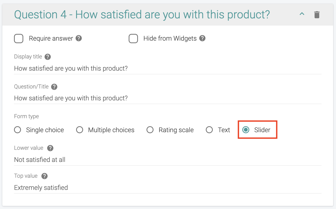 judge.me widget 3.0 custom form slider question settings