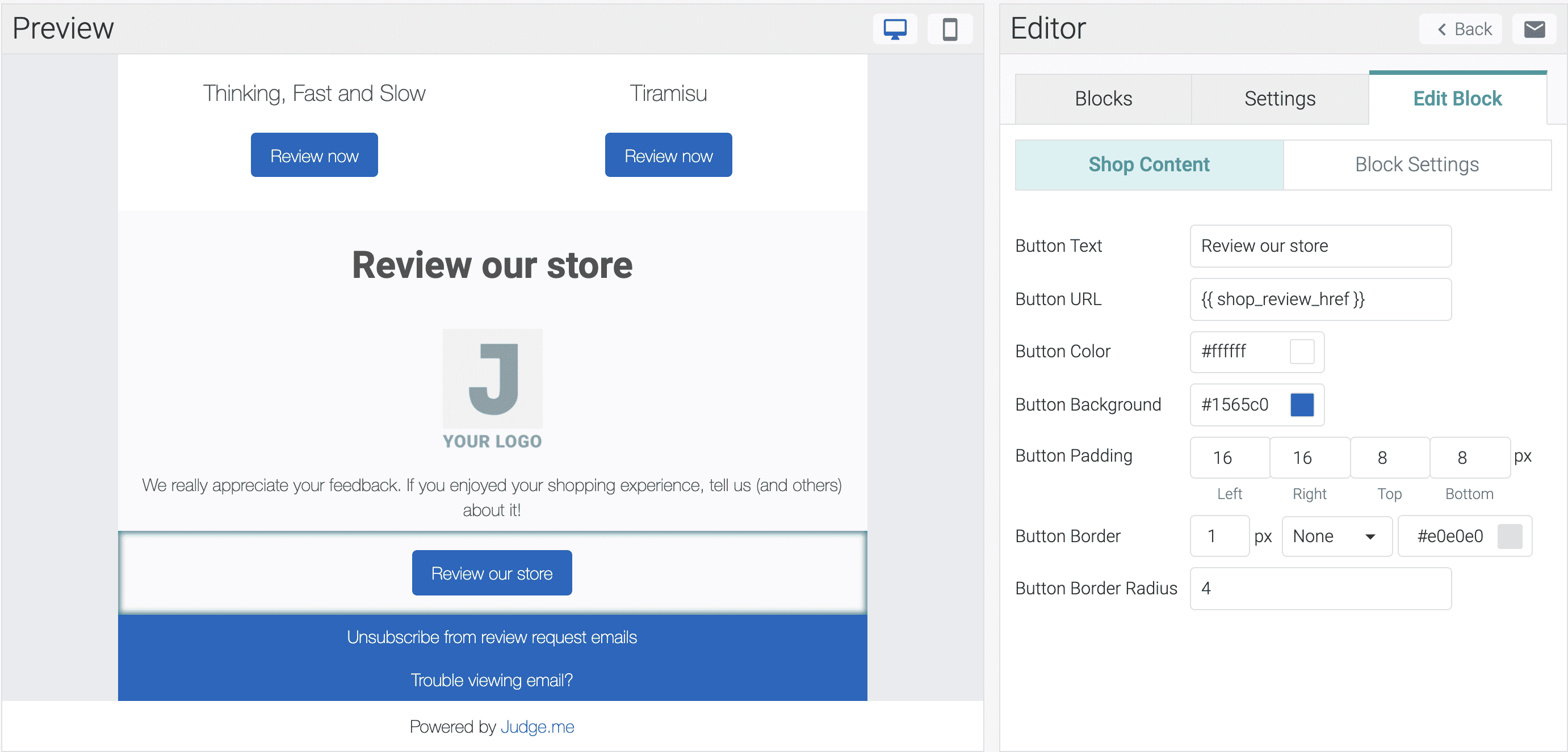 judgeme email templates shop reviews