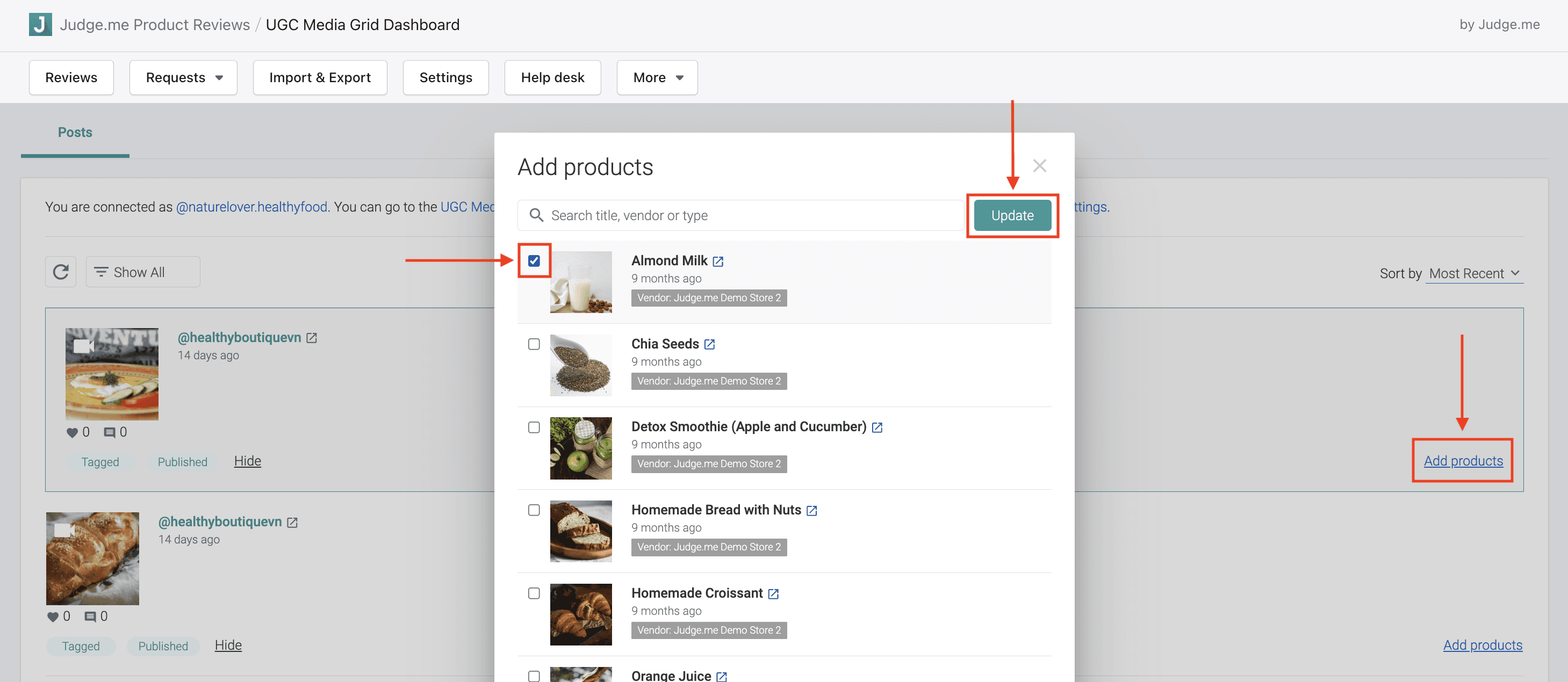 UGC media grid add products to Instagram posts